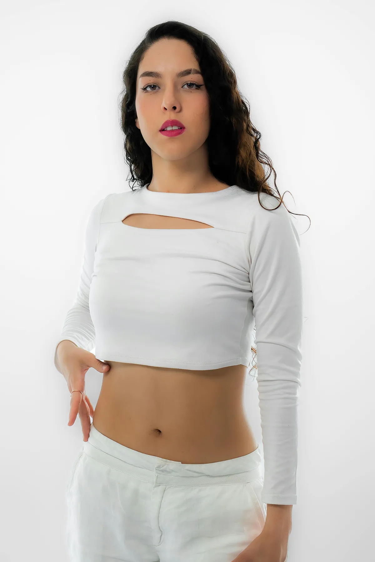 Ivory Edge Cutout Long Sleeve Crop Top - Image 6